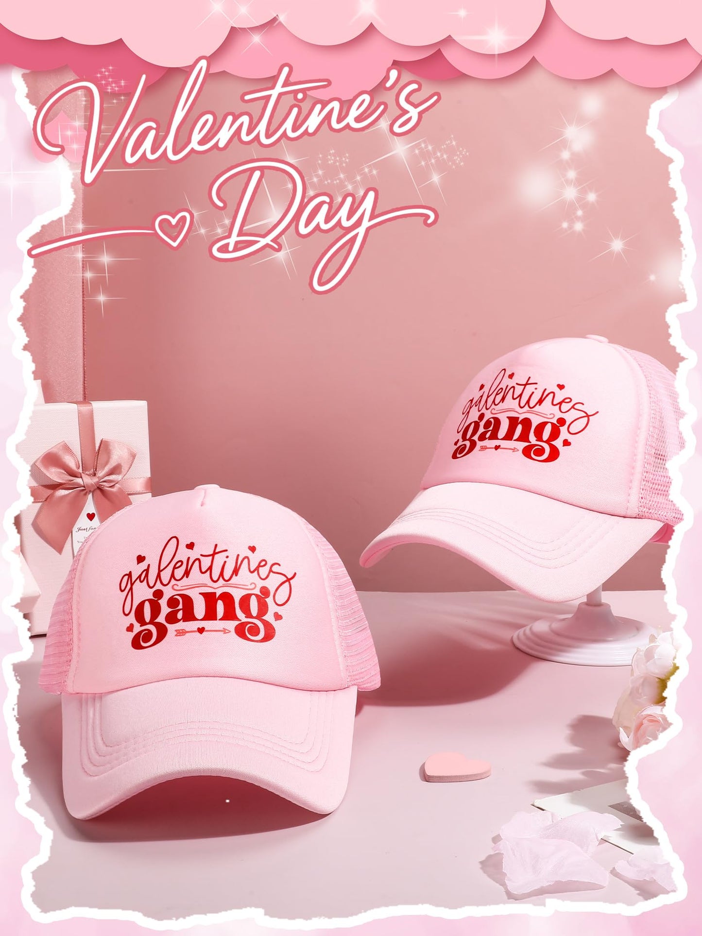 Suhine 8 Pack Galentine Gang Hat Bulk Galentines Day Party Supplies Valentine Gift Cap for Women Friends Pink Sleepover Party Supplies
