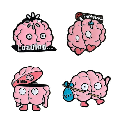 4PCS Fun Brain-Shaped Metal Pins - Neuroscience Enthusiast Gift, Clothing & Bag Accessories with Cute Expressions (Loading, Bye, Growing, A Little)
