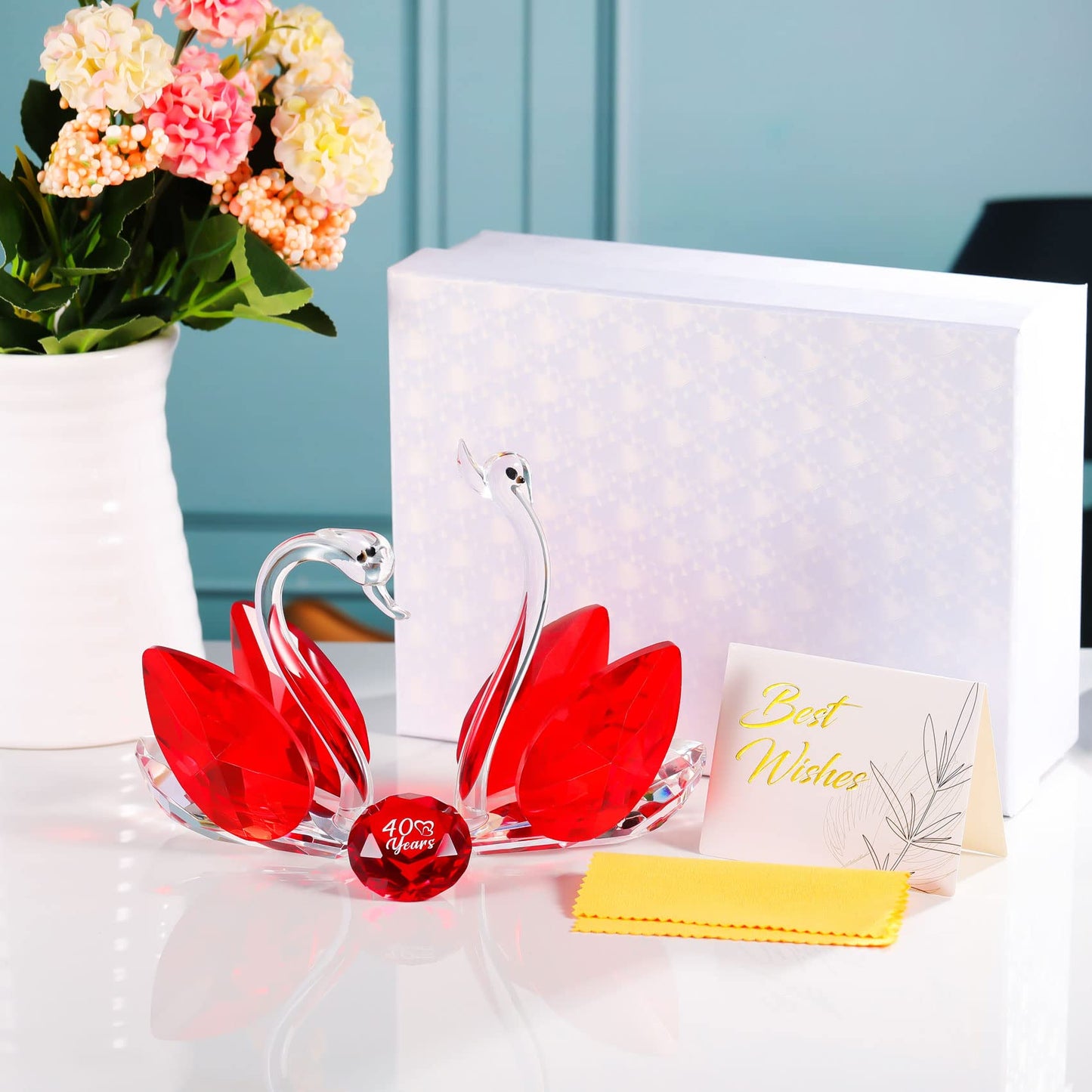 YWHL Happy 40th Anniversary Crystal Swan Gifts for Couples, 40 Years Ruby Wedding Gifts for Parents, Handmade Ruby Red Crystal Swan Collectible Figurine, Anniversary Party Decoration