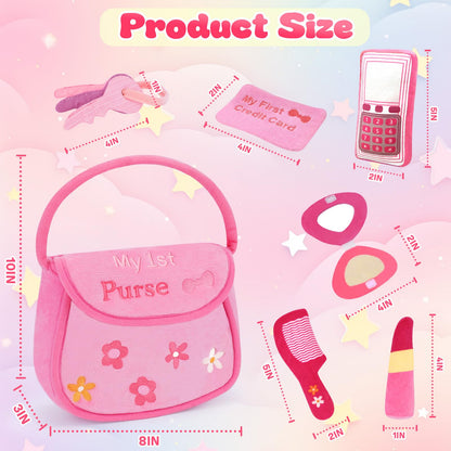 My First Pink Purse Plush, Baby Purse Set with 6 Pcs Makeup Plushies for Toddlers, First Birthday Gifts for Girls