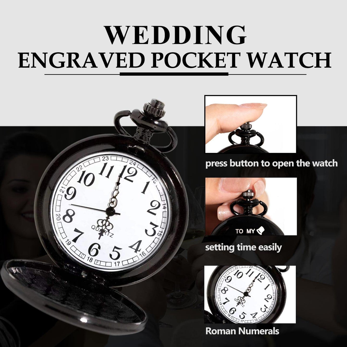 4 Pcs Groomsman Gifts for Wedding Groomsmen Engraved Pocket Watch Best Man Proposal Gifts Roman Numerals Quartz Pocket Watch Wedding Gifts with Chain for Groomsman Best Man