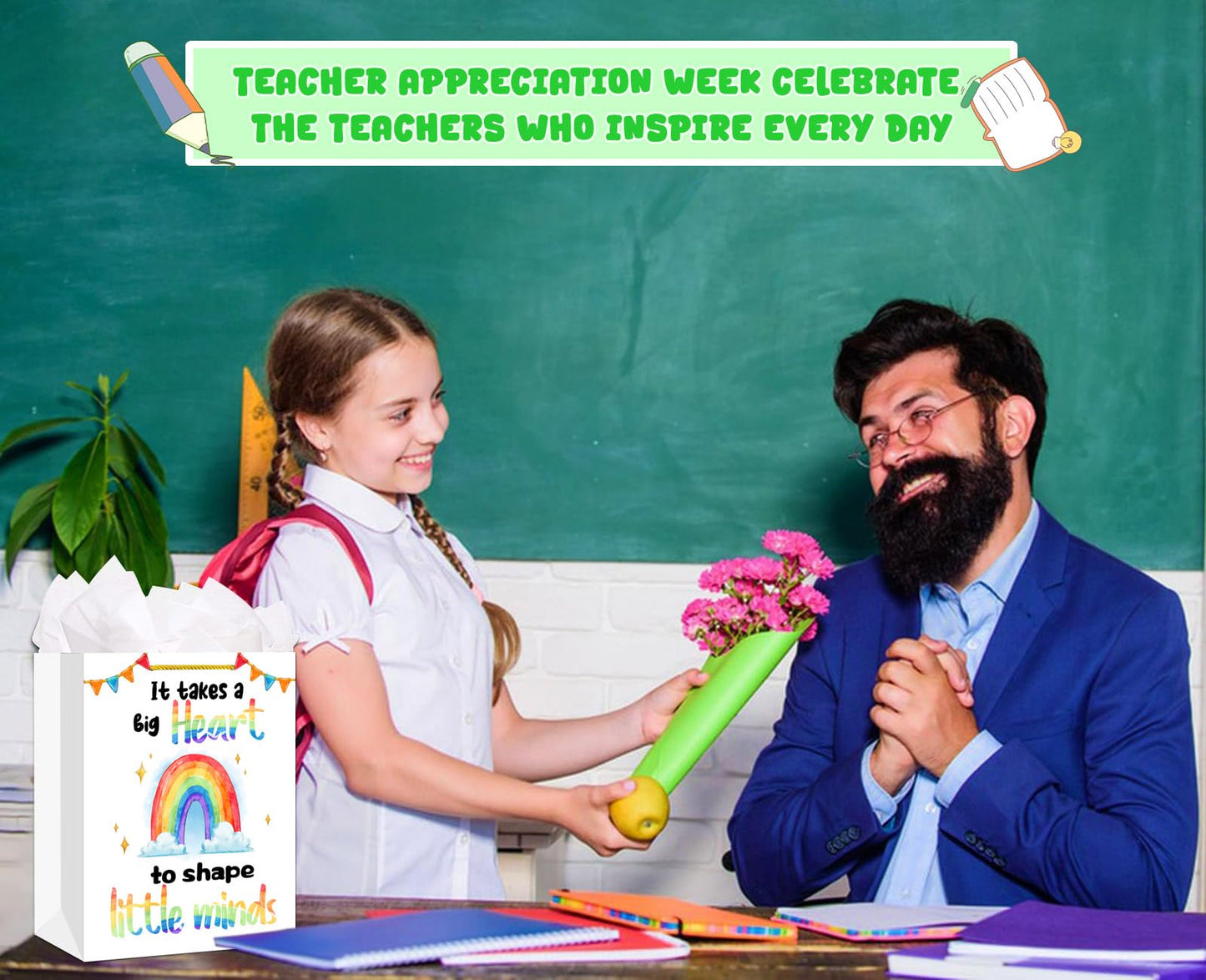 WALENGIF Teacher Appreciation Gift Bag - 13" Large Teacher Gift Bag with Tissue Paper and Handle Graduation End of Year Teacher Week Thank You Teachers Retirement Gifts