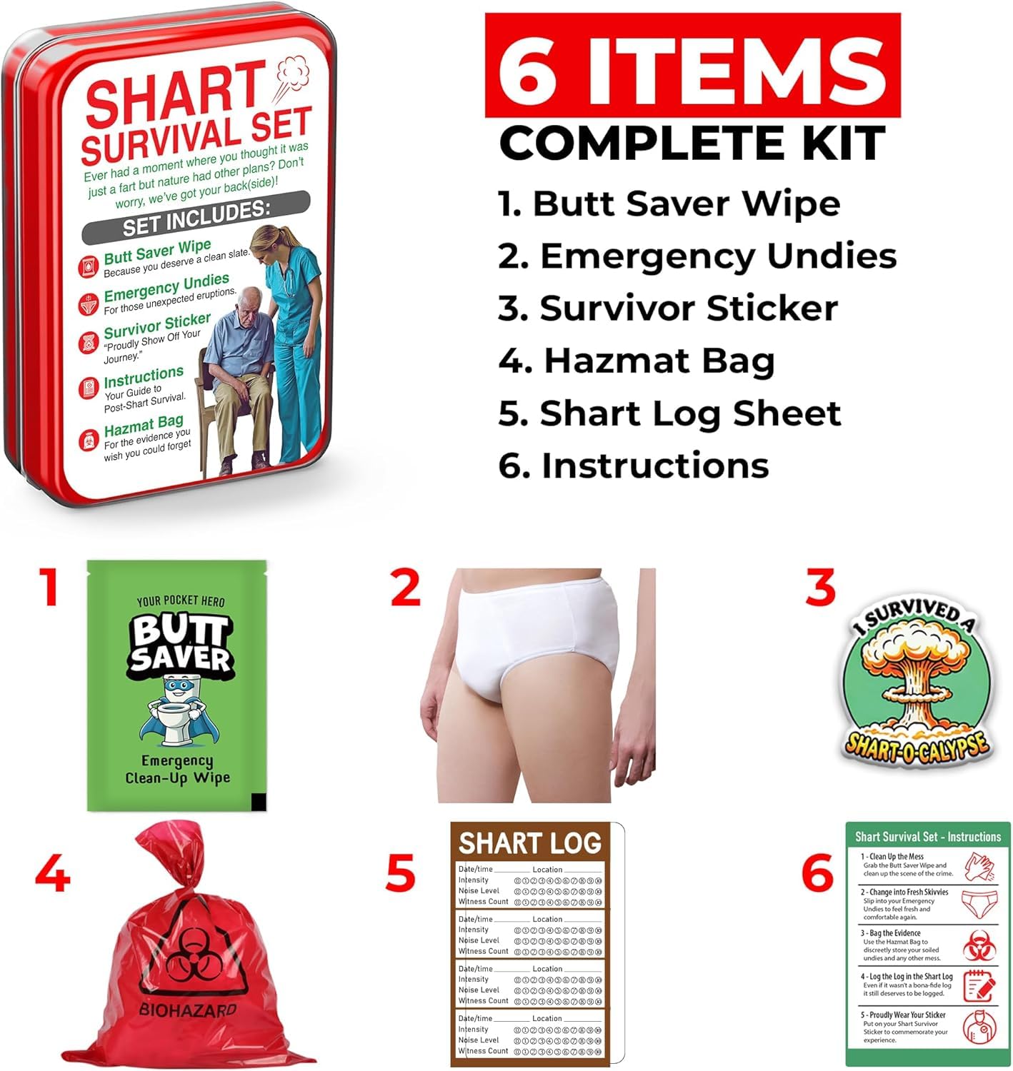 Shart Survival Set - Funny Gag Gift 2026 Friend Gifts Includes Disposable Underwear, Hazmat Bag, Wet Wipe and More! Unique Stocking Suffers for Men Birthday Husband Teens Potty Humor Prank Him Fart
