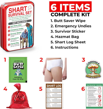 Shart Survival Set - Funny Gag Gift 2026 Friend Gifts Includes Disposable Underwear, Hazmat Bag, Wet Wipe and More! Unique Stocking Suffers for Men Birthday Husband Teens Potty Humor Prank Him Fart