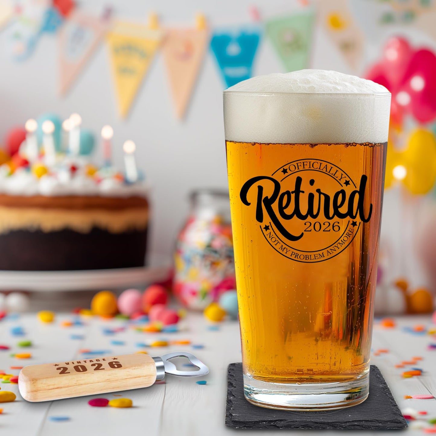 Retirement Gifts for Men 2026 - Retirement Beer Glass with Stone Coasters, Bottle Opener, Funny Beer Glass Unique Gift For Dad, Grandpa, Friends, Family