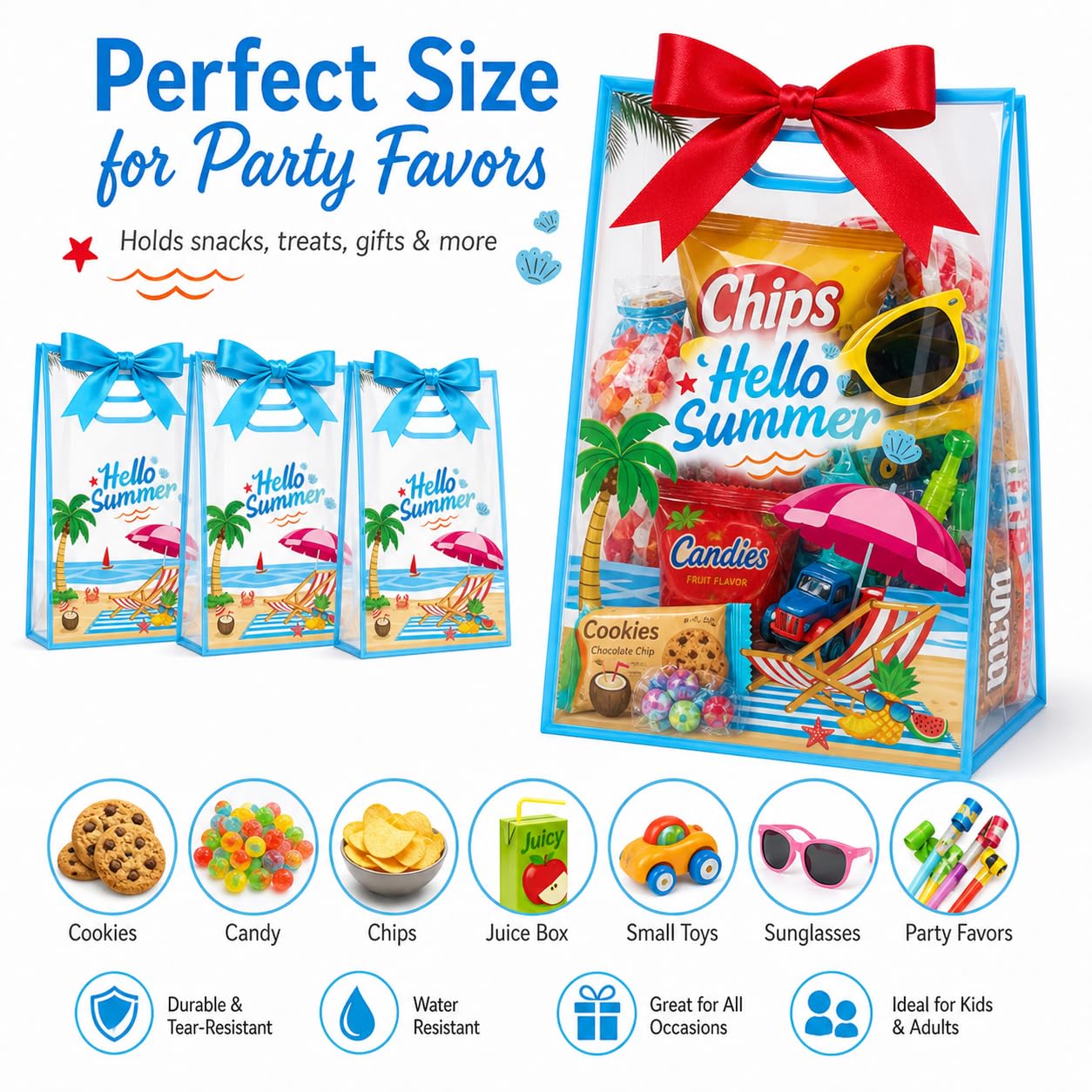 28Pcs Hello Summer Clear Gift Bags, Clear Beach Bag with Handles Ribbon Bows, Pool Party Favor Bag Hawaiian Goodie Candy Snack Treat Bag for End of School Year Summer Birthday Pool Beach Party Supply