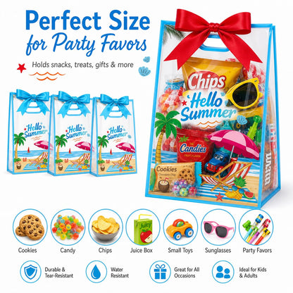 28Pcs Hello Summer Clear Gift Bags, Clear Beach Bag with Handles Ribbon Bows, Pool Party Favor Bag Hawaiian Goodie Candy Snack Treat Bag for End of School Year Summer Birthday Pool Beach Party Supply