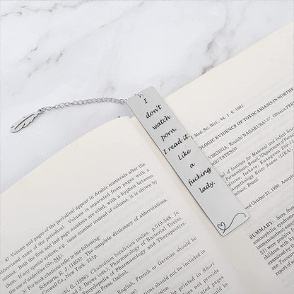 Teniinet Metal Bookmark Gift, 'I Don't Watch Porn. I Read it Like a Fking Lady' Stainless Steel Leaf Pendant Book Mark with Box for Women, Men, Friends, Teacher, Classmate, Book Lovers