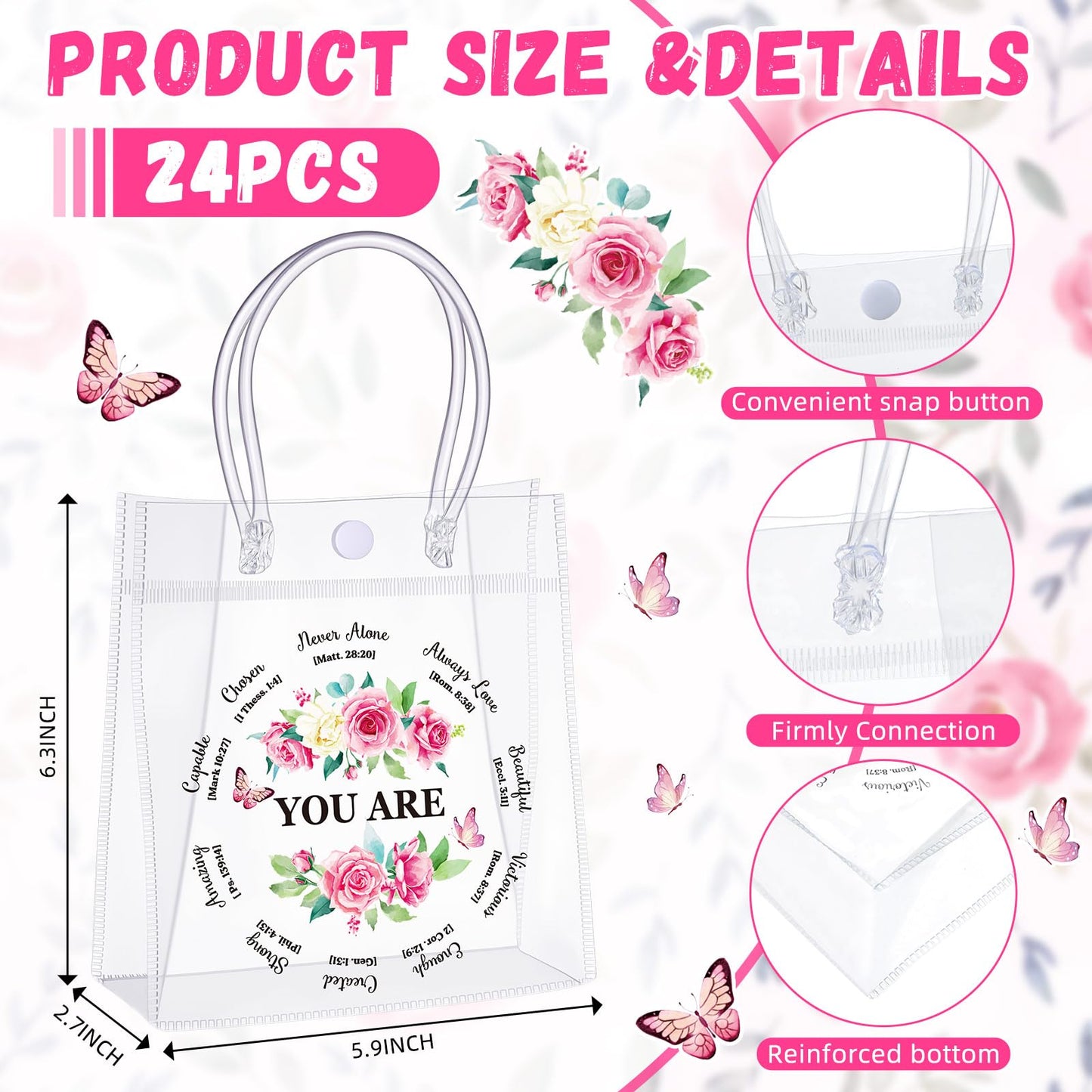 AmazingSpark 24 Pcs Christian Gift Bags for Women Bulk Gift Bags for Women Bulk Inspirational Gifts Pink Floral Religious Goodie Bag with Handles Gifts for Church Bible Birthday Party