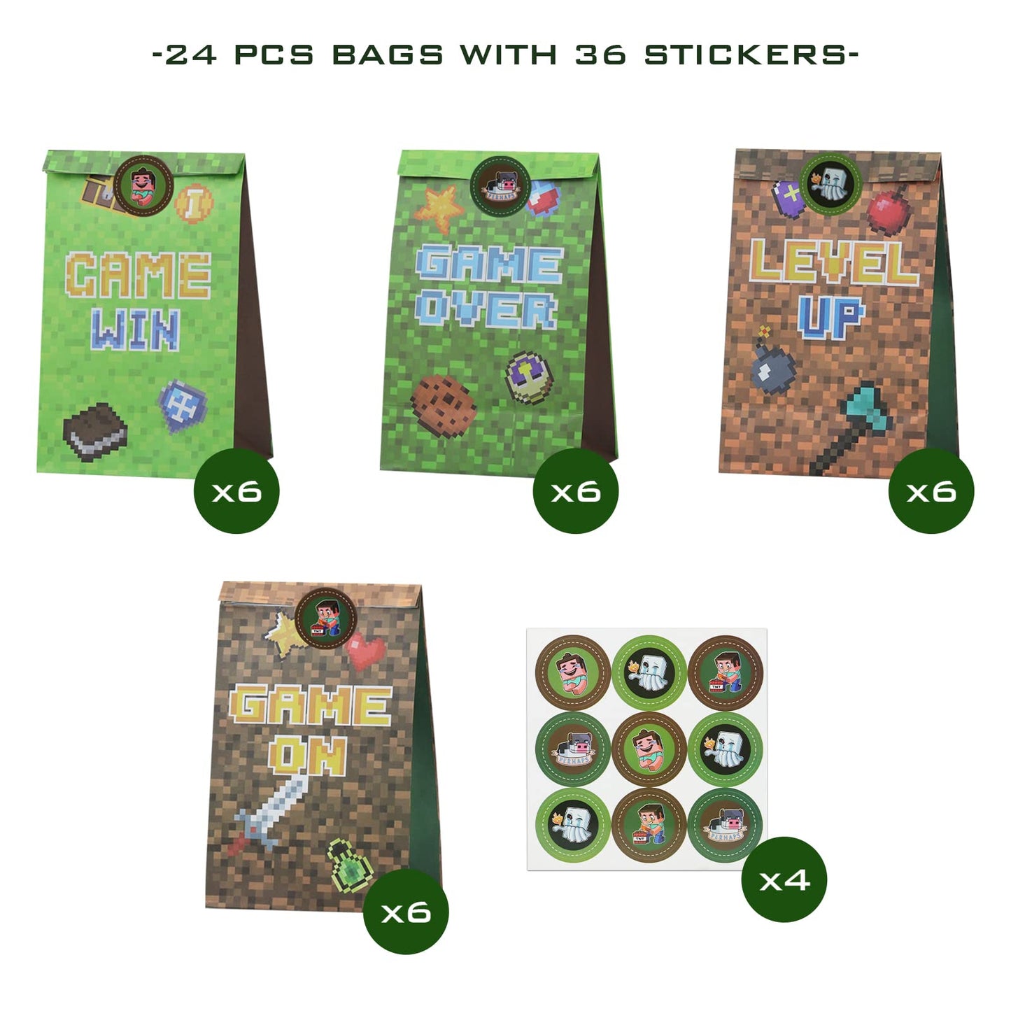 24 PCS Pixel Miner Party Favor Bags Pixel Themed Treat Goodie Bags for Birthday Party Supplies, Boys and Girls Pixelated Video Game Gift Candy Goody Bags for Mine Party or Birthday Party Decorations