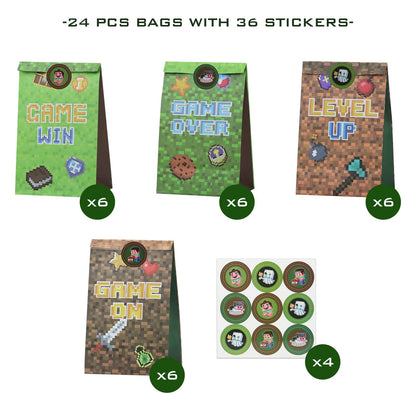 24 PCS Pixel Miner Party Favor Bags Pixel Themed Treat Goodie Bags for Birthday Party Supplies, Boys and Girls Pixelated Video Game Gift Candy Goody Bags for Mine Party or Birthday Party Decorations