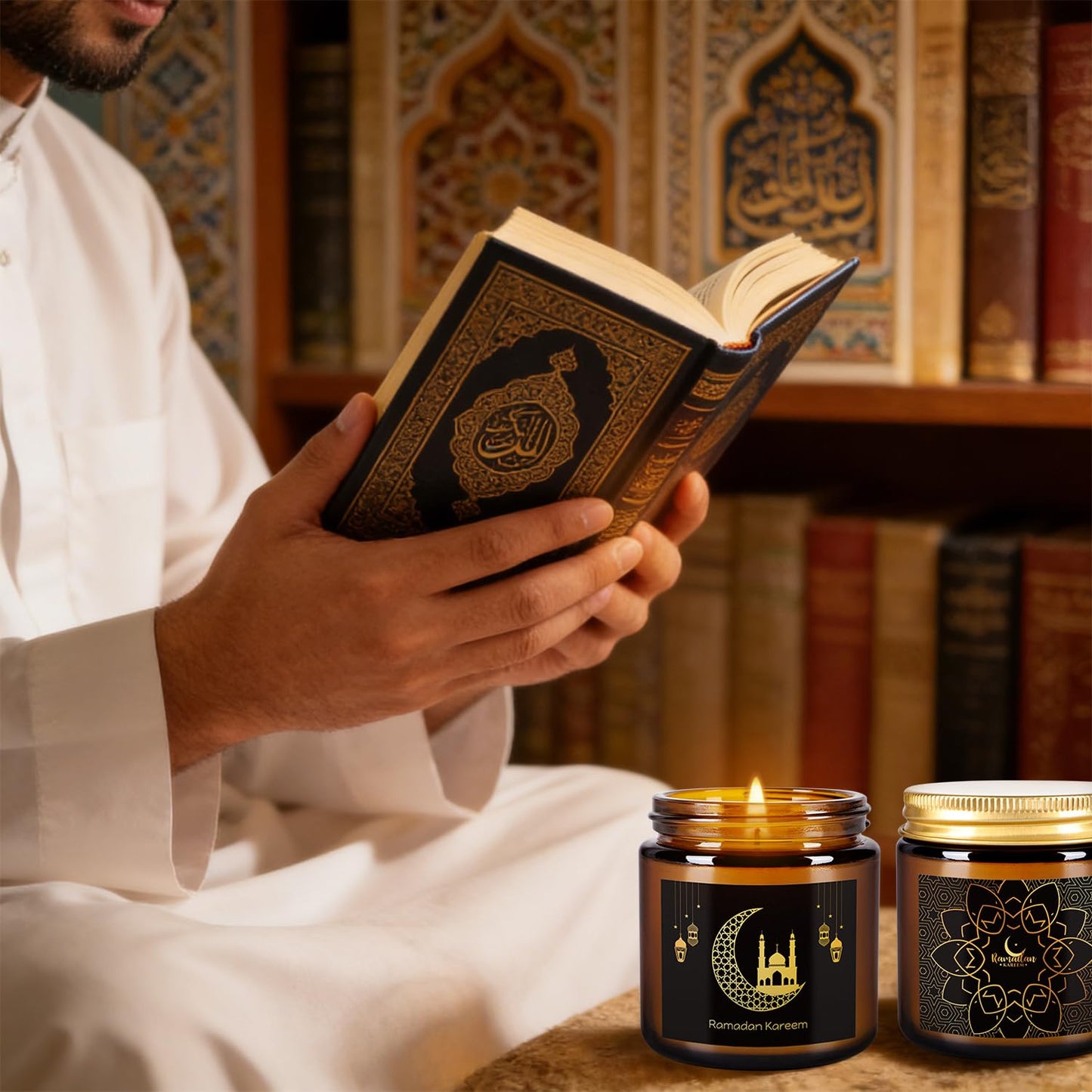 12 Pcs Ramadan Mubarak Scented Candle Set - Eid Candles for Home Decor, Aromatherapy Islamic Gifts for Women & Family, Mosque-Inspired Jar with Islamic Lanterns & Stars, Brown Soy Wax