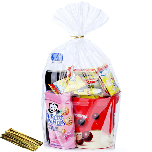 50Pcs 12X16 inch Bottom Gusset Bags Clear Cellophane Gift Wrap Wrapping Plastic Large Cello Bags for Party Favors Treats Mug with 5" Twist Ties