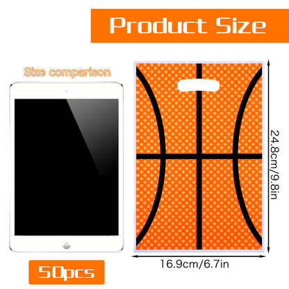 DOPENSPI 50PCS Basketball Gift Bags with Handle, 9.8x6.7in Plastic Basketball Goodie Bags Basketballs Party Favor Bag Basketballs Themed Parties Supplies for Birthday Sport Theme Party Decorations
