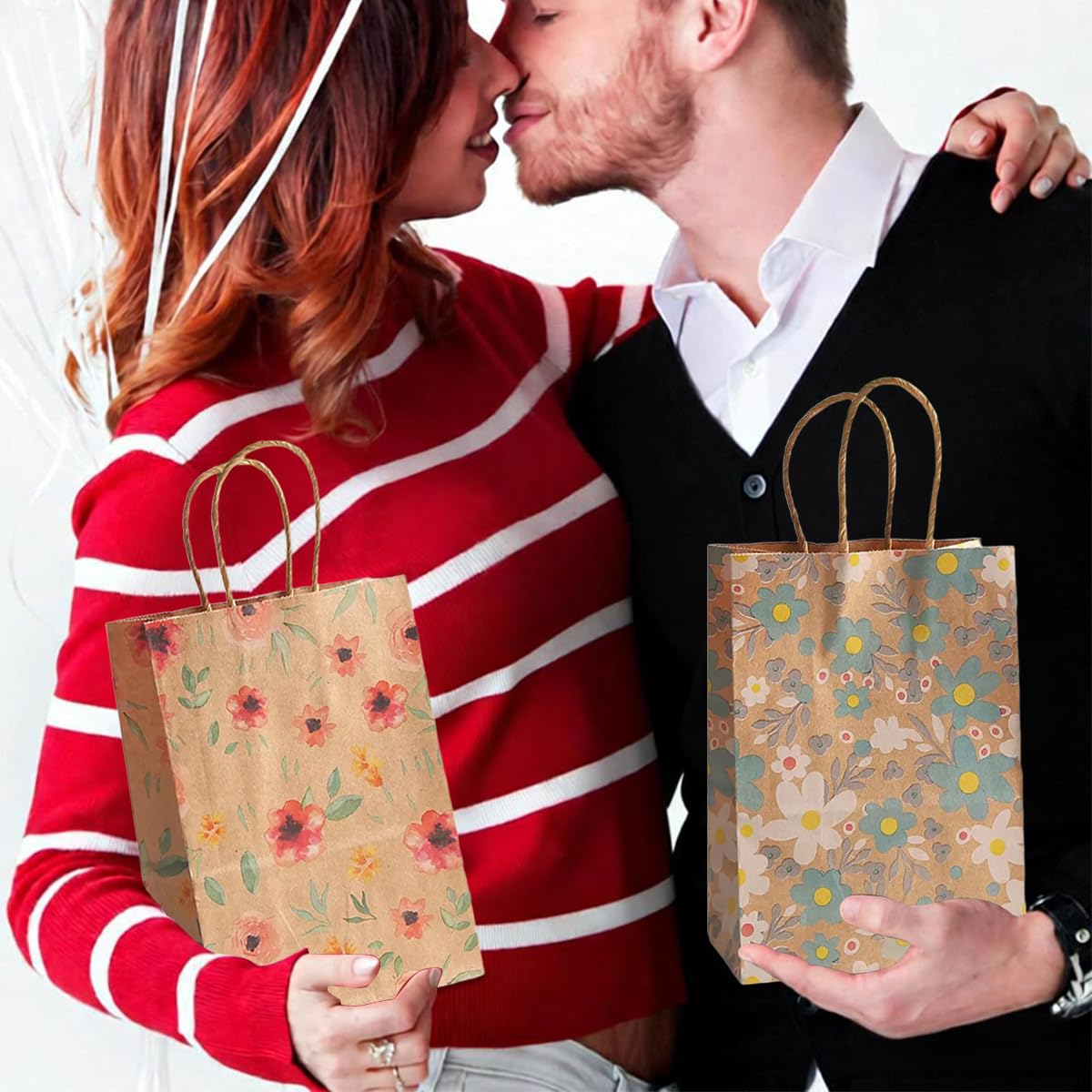 24pcs Floral Pattern Kraft Paper Bag Gift Bags with Handles for Party Favors, Mothers Day, Weddings, Birthday Celebration, Baby Shower,8.26×5.9×3.14inch