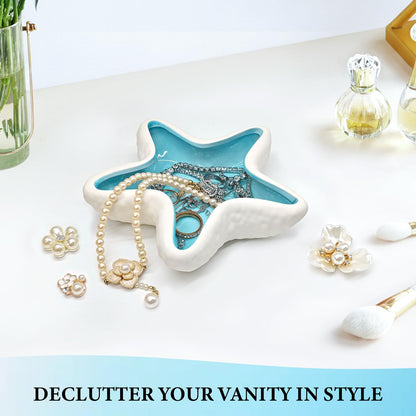 Starfish Jewelry Dish Ceramic Trinket Tray - Ocean Themed Ring Holder for Earrings, Necklaces, Beach & Bathroom Organizer with Glossy Glaze, Coastal Room Decor Gift for Women