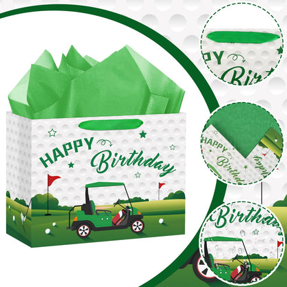 Hooqict Large Golf Gift Bag Golf Themed Birthday Party Gift Wrapping Bag with Handles, Tissue Paper, Greeting Cards for Kids Boys Men Goodie Candy Treat Party Favors
