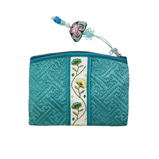 Seoulful Vintage Korean Embroidered Card Pouch - Wildflower Design Coin Purse with Butterfly Charm - Traditional Korean New Year's Gifts (Mint)