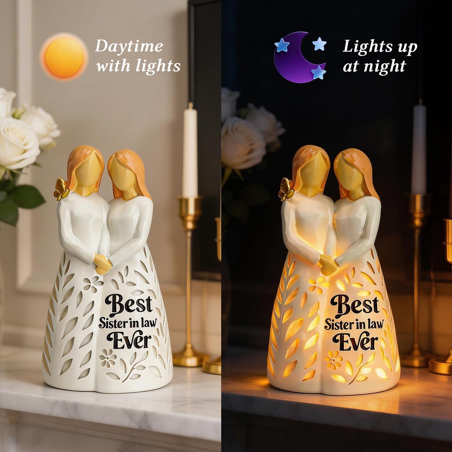 Sister in Law Gifts, Best Sister in Law Ever Figurine Light with Remote Control - Mothers Day Birthday Christmas Wedding Gifts for Women, Cream-White Resin Lamp (No Batteries Included)