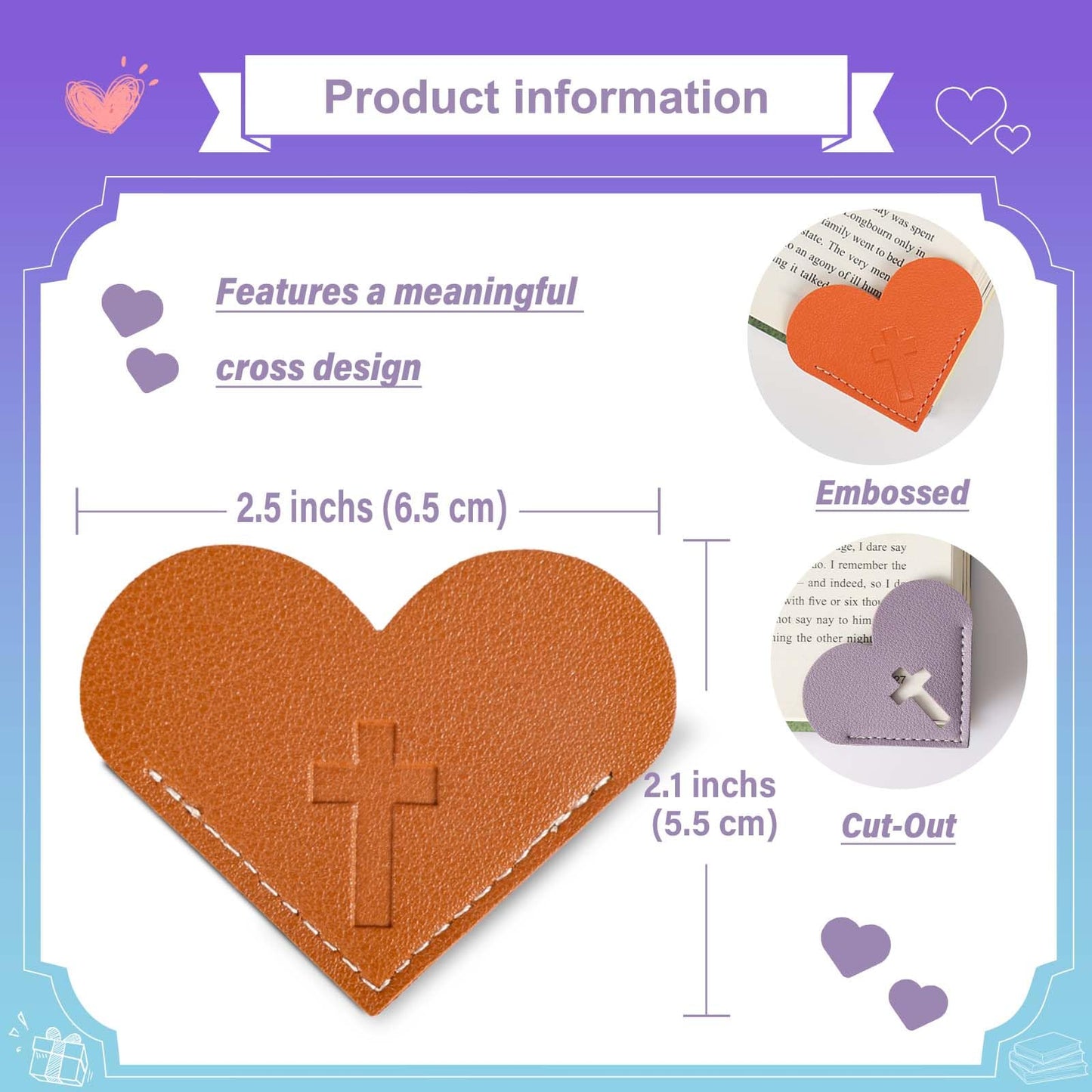 8 Pcs Leather Heart Bookmarks with Cross Design, Christian Gifts for Women, Book Accessories and Gifts for Church or Book Club(Cut-Out)