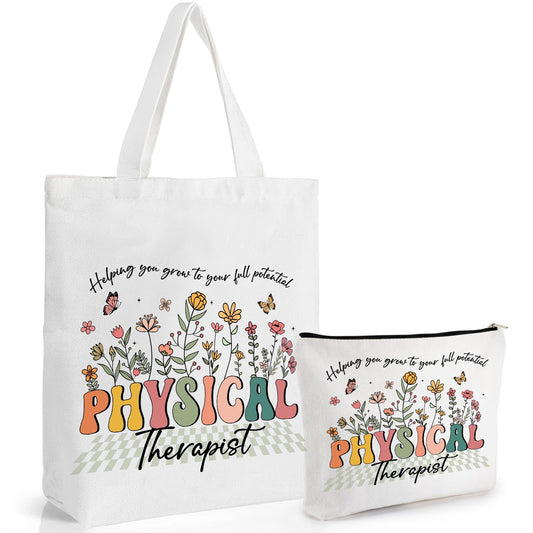 Physical Therapist Gifts for Women - 2pcs Tote Bag with Makeup Bags Set Reusable Floral Grocery Handbag and Toiletry Pouch for Work Travel Shopping Thanksgiving Christmas Birthday Gift