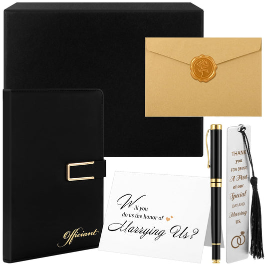 7 Pcs Officiant Gift Set Includes Leather Hardcover Proposal Officiant Book Black Ink Pen Thank You Card with Envelope and Sticker Bookmark Gift Box for Wedding(Black)