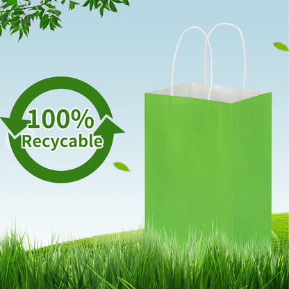 100 Pack 5.25x3.25x8.25 Inch Small Grass Green Kraft Paper Bags with Handles Bulk, Toovip Gift Wrap Bags for Favor Grocery Retail Party Birthday Shopping Business Goody Craft Merchandise Takeout Sacks