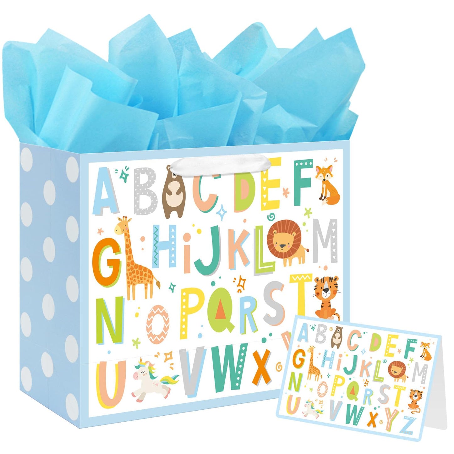 Laidans 13" Large Baby Boy Gift Bag for Baby Shower Birthday with Tissue Paper and Greeting Card (ABC Alphabet Animal Design)