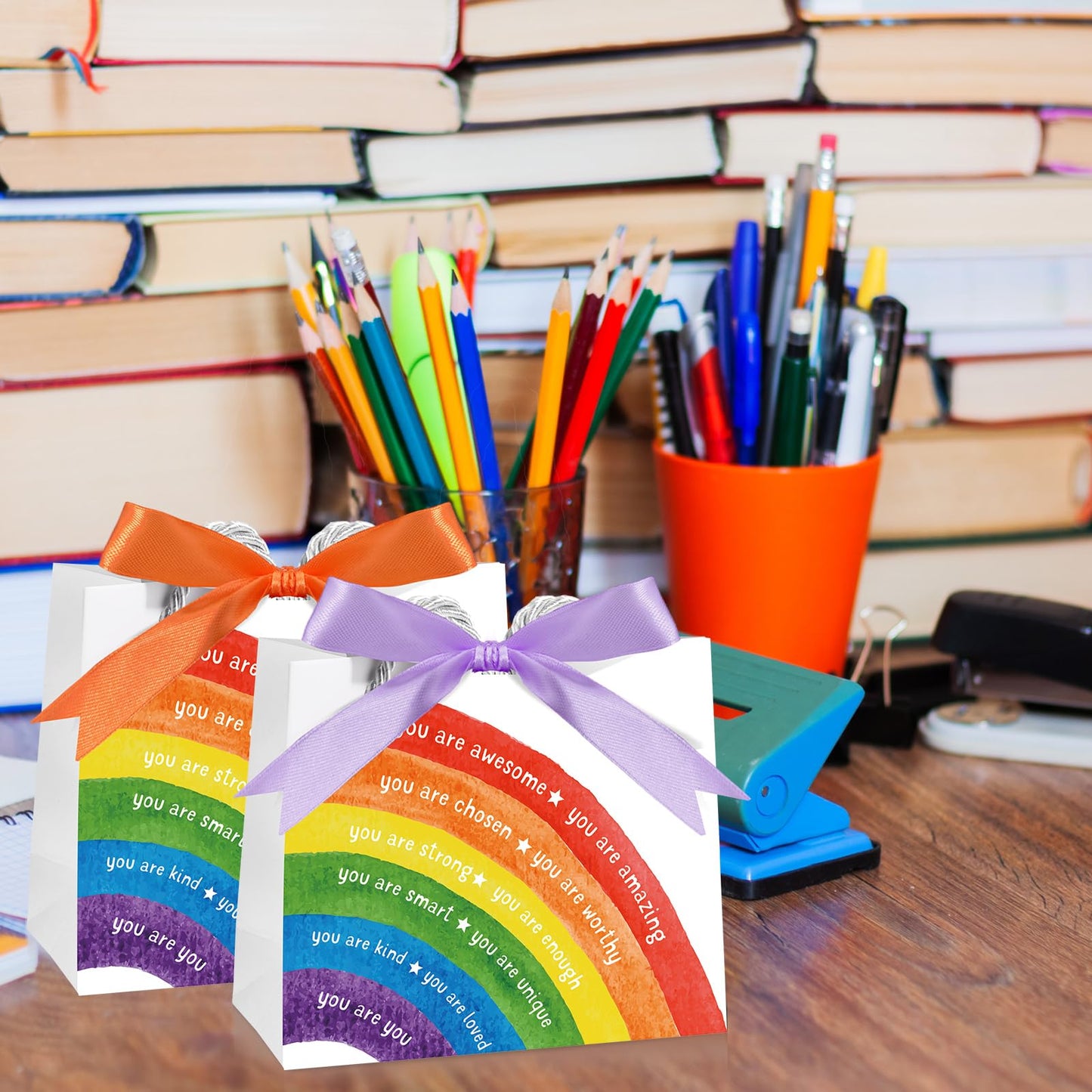 Kolldenn 18 Pack End of School Year Gift Bags for Students Rainbow Goodie Bags with Handles Ribbon Rainbow Inspiration Last Day of School Party Favors for Classroom from Teacher