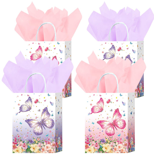 W WINTMING 16 Pcs Butterfly Gift Bags Butterfly Party Favor Bags with Tissue Paper Pink Purple Paper Goodie Bag Birthday Bag for for Wedding, Birthday, Party Supplies and Gift (Flower)