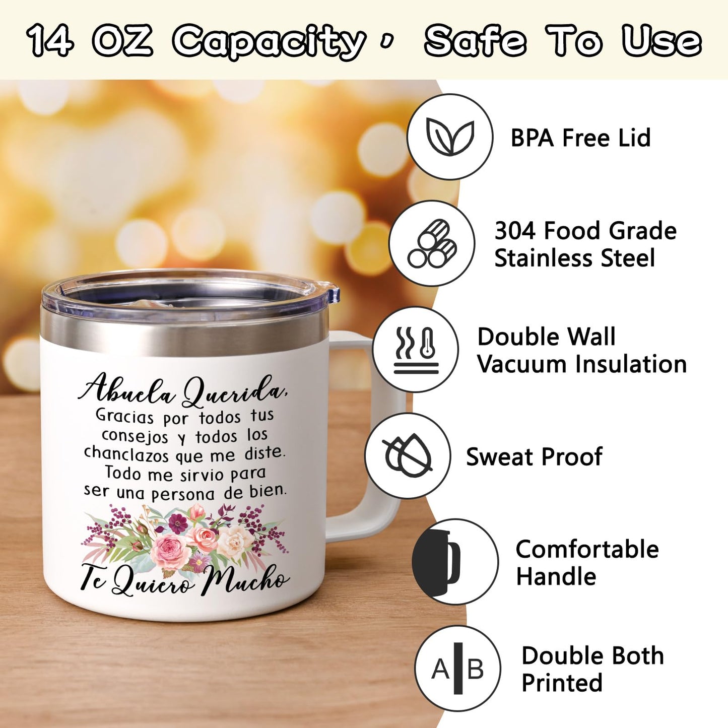 Lifecapido Regalos para la abuela, Regalos Para El Dia De La Madre, Regalo De Cumpleaños para Madre, La abuela Querida Stainless Steel Coffee Mug, Regalos para Mujer in Mother's Day (14oz White)