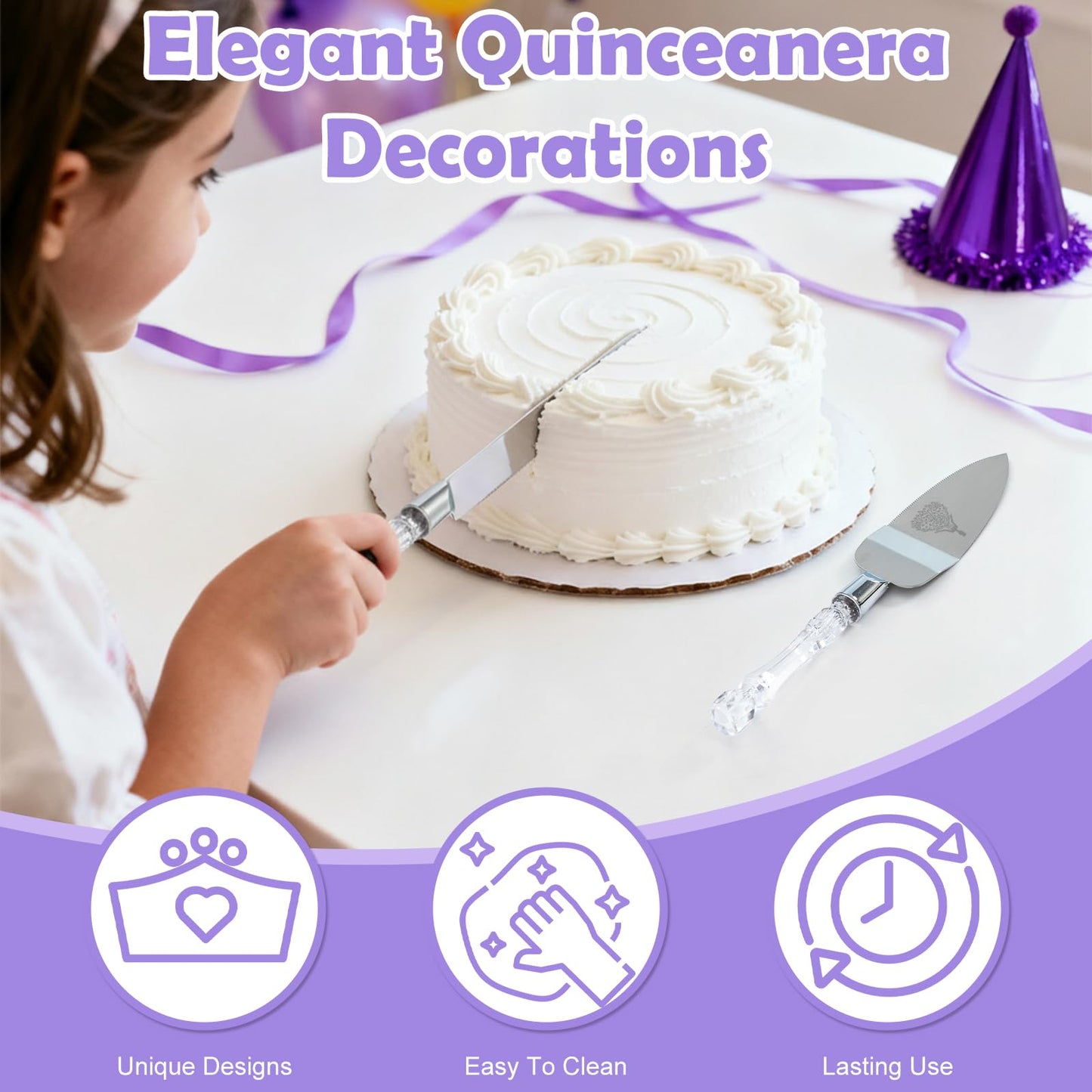 Mis Quince Años Quinceanera Cake Knife and Server Set - Sweet 15 Birthday Gifts for Girls, Feliz 15 Anos Party Decorations & Keepsake, Stainless Steel Cutting Set with Crystal Handles, Silver