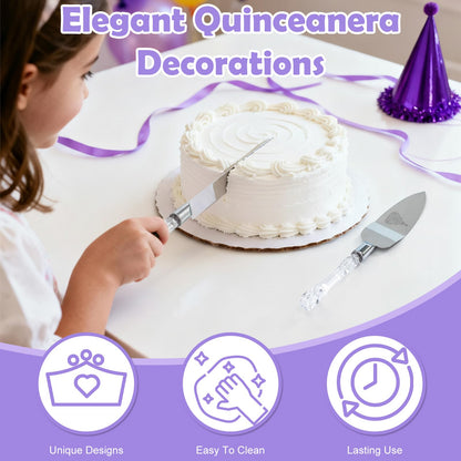 Mis Quince Años Quinceanera Cake Knife and Server Set - Sweet 15 Birthday Gifts for Girls, Feliz 15 Anos Party Decorations & Keepsake, Stainless Steel Cutting Set with Crystal Handles, Silver