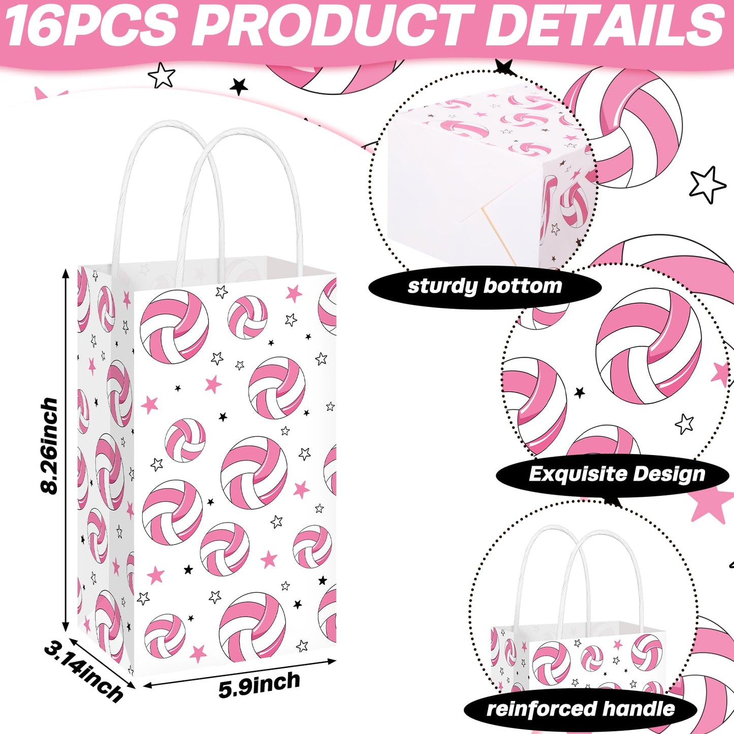 Eersida 16 Pcs Pink Volleyball Party Favor Pink Volleyball Goodie Bags Bulk with Handle Candy Treat Bags for Team Birthday Party Supplies