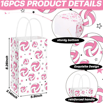 Eersida 16 Pcs Pink Volleyball Party Favor Pink Volleyball Goodie Bags Bulk with Handle Candy Treat Bags for Team Birthday Party Supplies