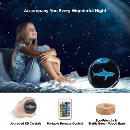 3D Crystal Ball Night Light with Wooden Base, 3.15" Shark Glass Ball Lamp, 16 Colors, Remote Control, Cool Desk Decor