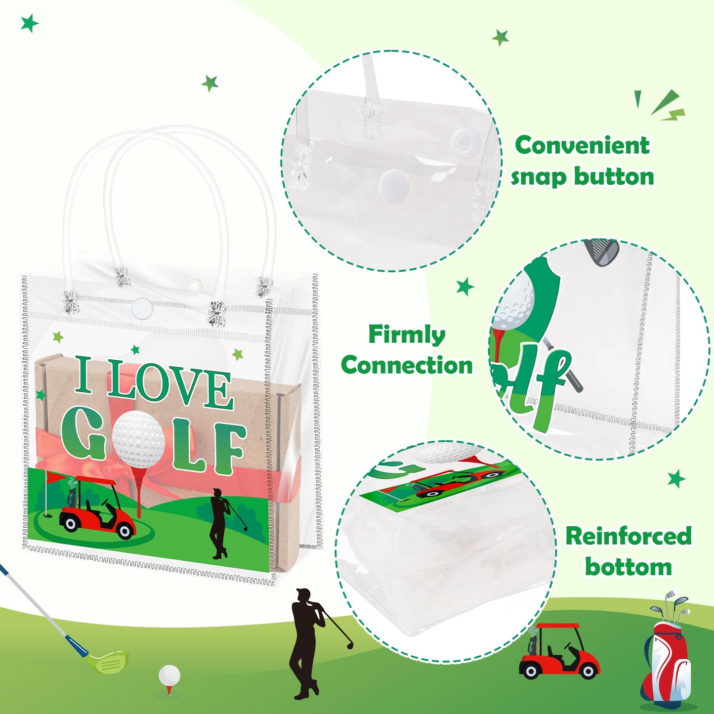 H1vojoxo Golf Party Gift Bags - 24PCS Golf Clear PVC Gift Bags with Handle Reusable Masters Themed Party Goodie Bag for Fathers Day Portable Sports Ball Candy Treat Bag for Birthday Party Decorations