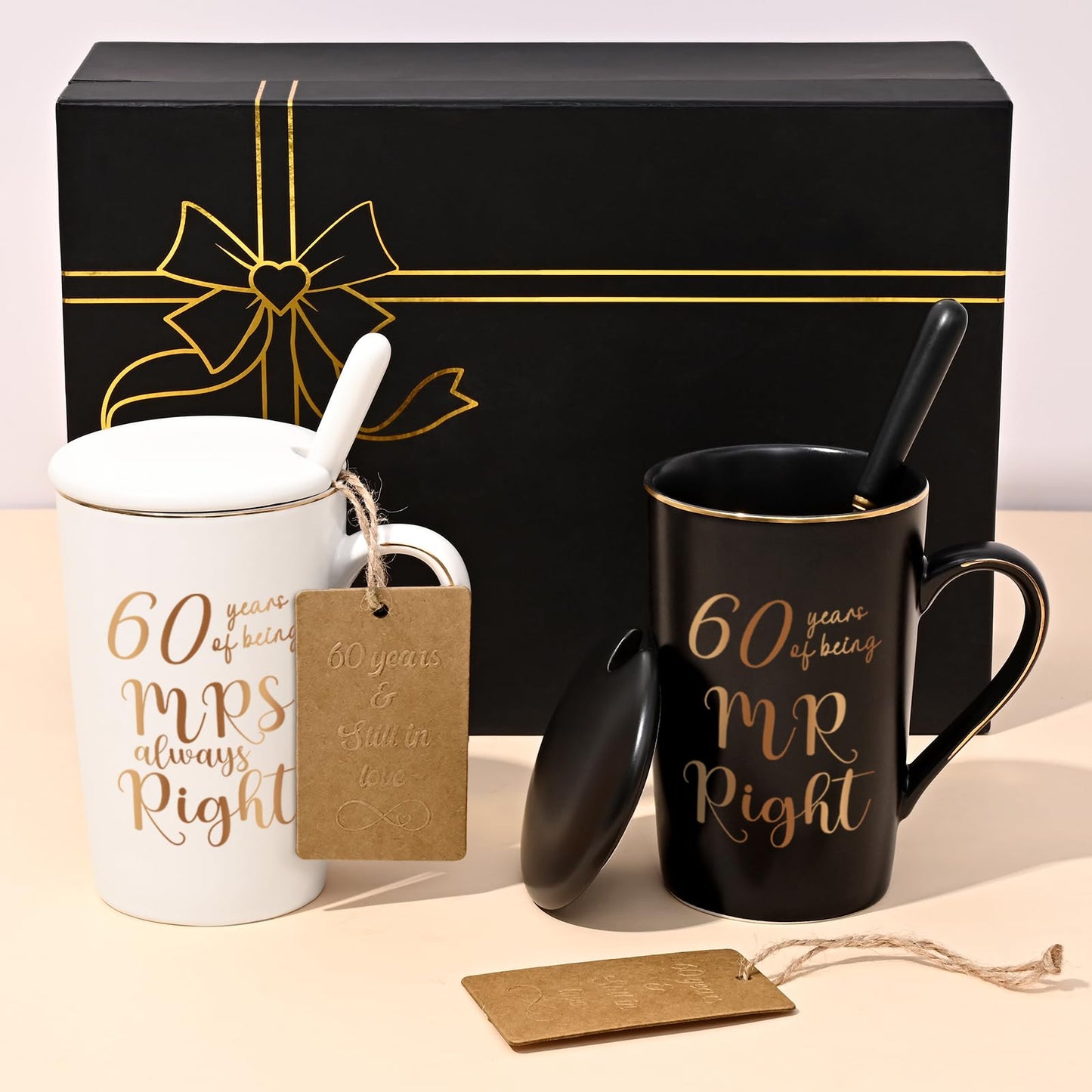 YHRJWN 60th Wedding Gifts, 60 Years of Being Mr & Mrs Always Right Mug Set 14Oz with Lids Spoons and Gift Box, Christmas Anniversary Presents for Parents Couple