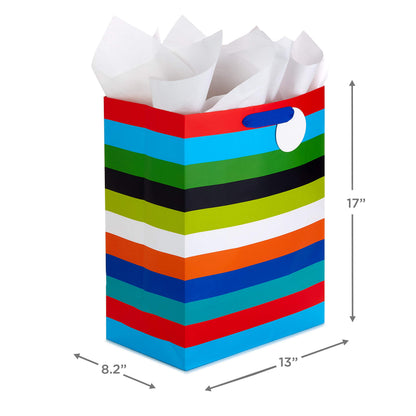 Hallmark 17" Extra Large Gift Bag with Tissue Paper (Rainbow Stripes) for Birthdays, Graduations, Baby Showers, Father's Day