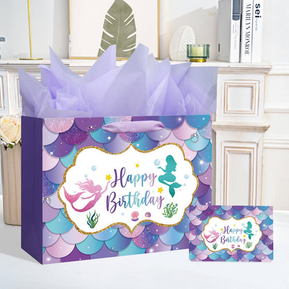 16.5" Large Mermaid Happy Birthday Gift Bag with Handle, Tissue Paper and Card for Kids Girls (16.5in Purple)