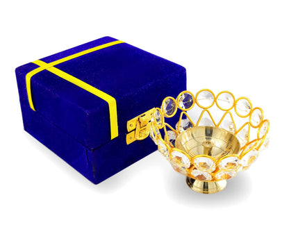 NOBILITY Gold Crystal Diya with Blue Velvet Gift Box Home Decoration Chrystal Piyali Dia Pooja Items Puja Gifts Handmade Oil Lamp Traditional Indian Dhanteras Deepawali Diwali Gift Items 6 Pcs