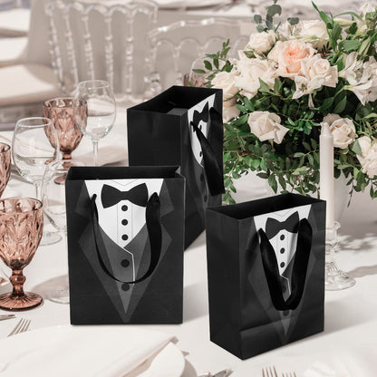 Sinmoe 24 Pieces 7 Inches Groomsmen Gift Bags Tuxedo Treat Bags Wedding Party Favor Black Tie Shirt Pattern Paper Present Wraps for Wedding Father's Birthday Anniversary Goodies Treats