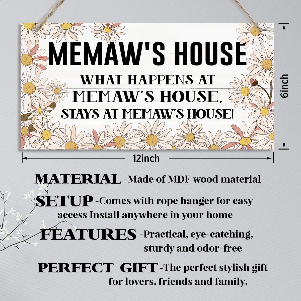Memaw’s House Sign, Memaw Home Decor Gift, Farmhouse Hanging Wall Plaque, Decorative Wood Wall Art for Living Room Entryway, Memaw Home Decor Gift