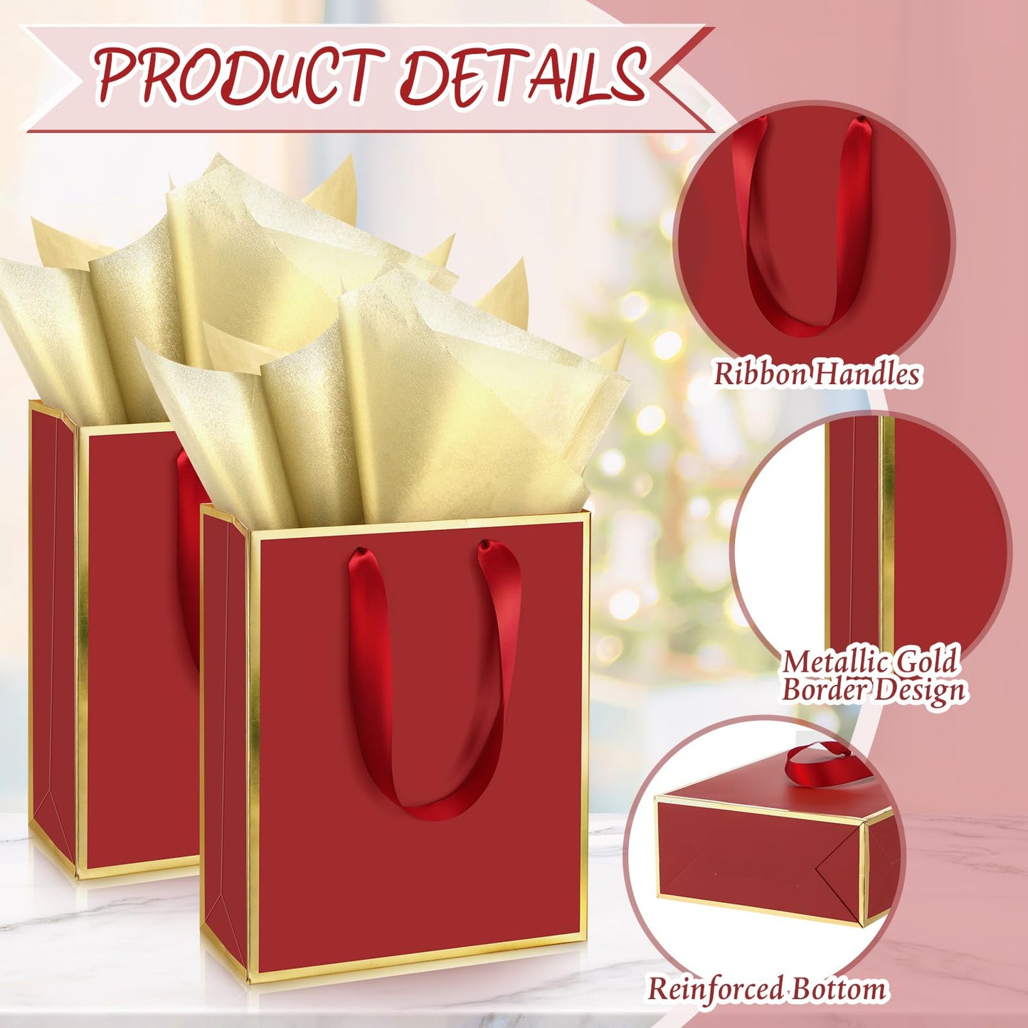 Yeaqee 24 Pack Metallic Paper Gift Bags with Handle and Tissue 9x7x3.1 Gold Foil Welcome Thank You Favor Bags Return Gifts for Wedding Mothers Graduation Bridesmaid Birthday(Burgundy Red and Gold)