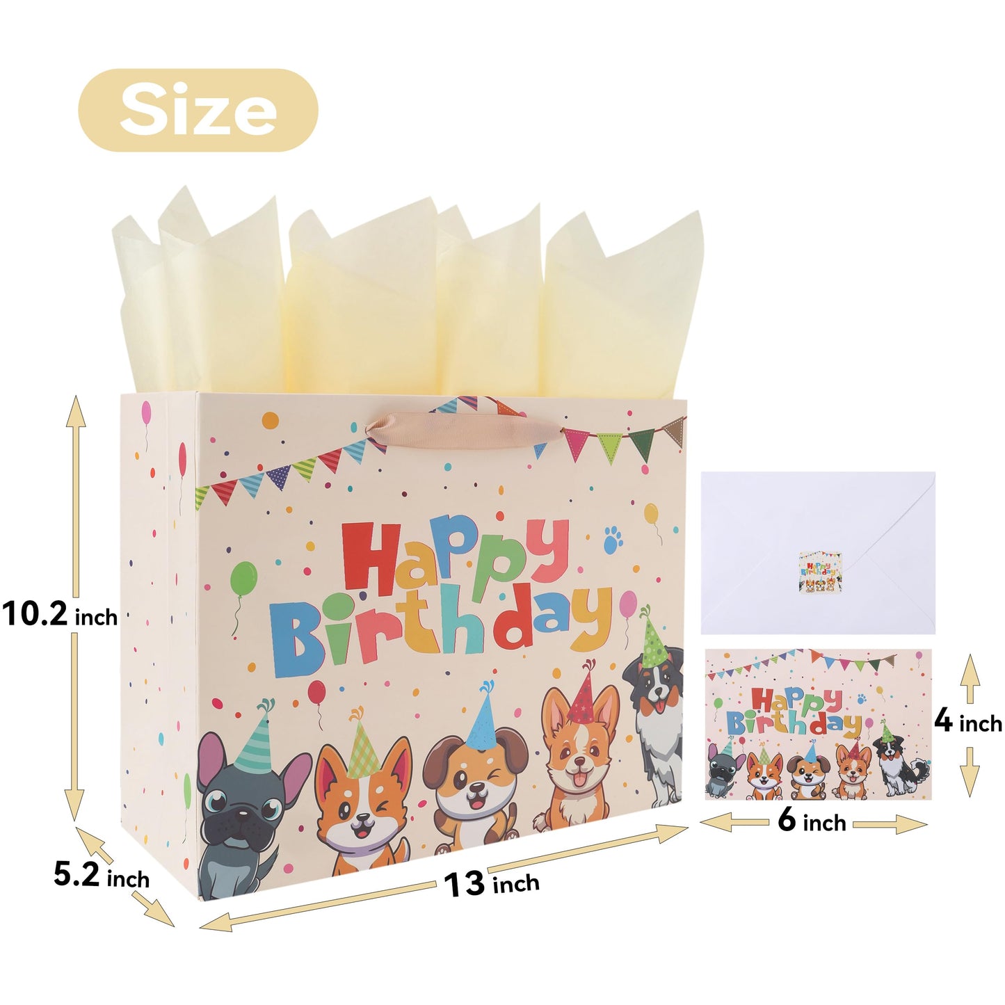 wishinside 13” Large Dog Happy Birthday Gift Bag Set with Handles, Greeting Card, Tissue Papers and Stickers for Girl Boy Kid Women Men, Cream Puppy Design, 1 Pcs