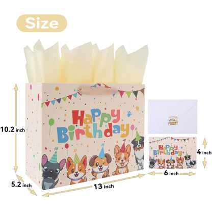 wishinside 13” Large Dog Happy Birthday Gift Bag Set with Handles, Greeting Card, Tissue Papers and Stickers for Girl Boy Kid Women Men, Cream Puppy Design, 1 Pcs