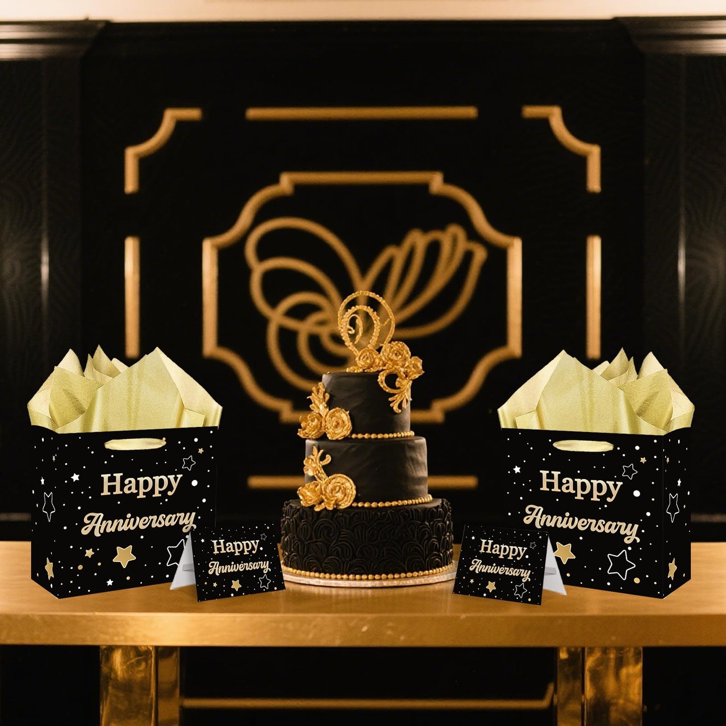 ONANNA Small Anniversary Themed Gift Bag with Tissue Paper and Greeting Card 7" Wedding Anniversary Wrpping Gifts Bag for Men Women Boyfriend Husband, Black Gold Romantic Milestone Party Supplies
