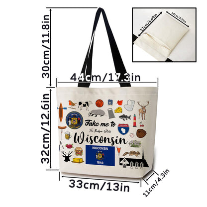 Take Me To Wisconsin Tote Bag Reusable Grocery Bags Aesthetic Shopping Shoulder Handbag with Interior Pocket Lightweight & Washable Stylish Wisconsin Travel Present for Women