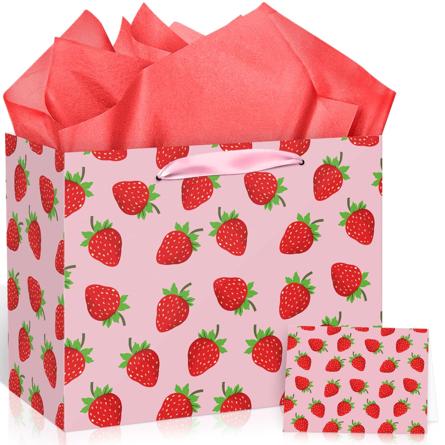 Strawberry Birthday Gift Bag Berry Birthday Decoration Sweet Berry Gift Bag with Wrapping Paper and Card Strawberry Party Wrapping Paper Bag with Handle for Girl Baby Shower Party Supplies