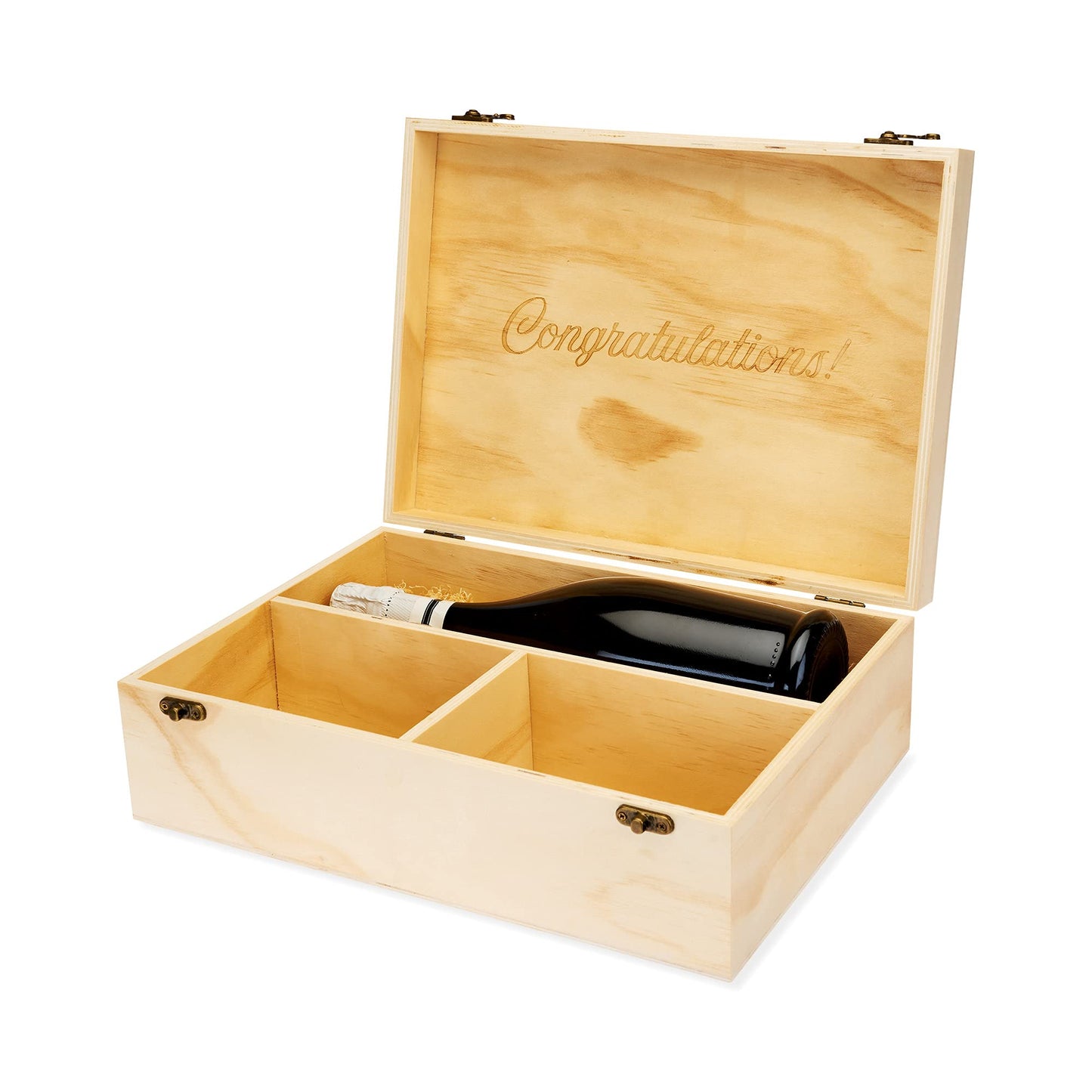 Twine Champagne Bottle Gift Box, Wine Box with Lid and 2 Stemless Flutes, Packing Straw, Holds 1 Champagne Bottle, Wood